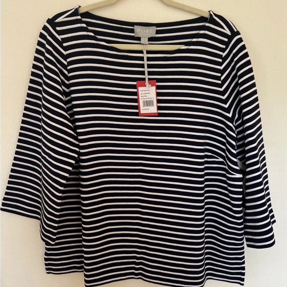 Pure Collection -Navy And White Striped ¾” Sleeve Top -Size 18 -New With Tags